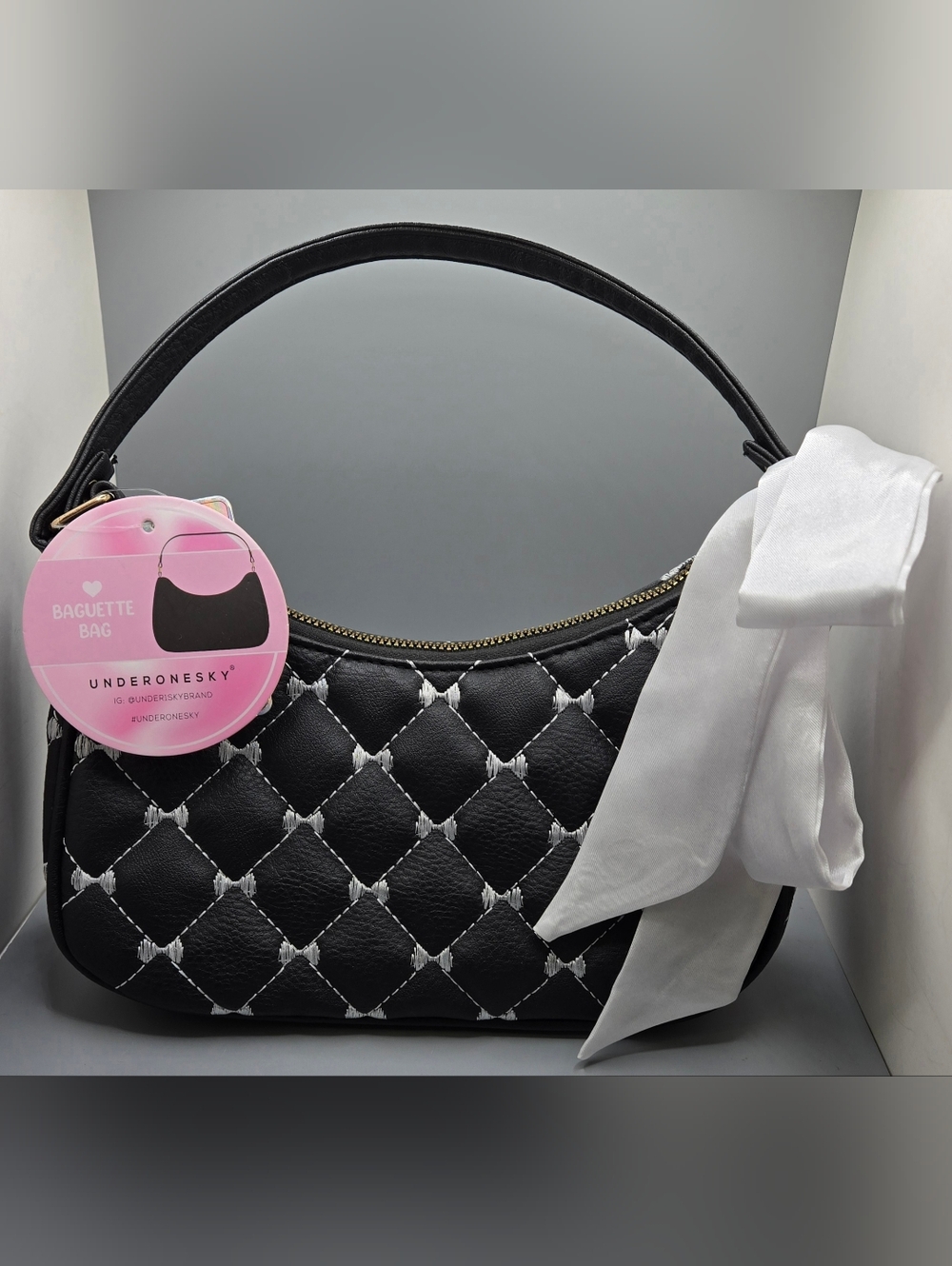 UnderOneSky Black Quilted Shoulder Bag w/ White Bow Pattern & Lg Bow